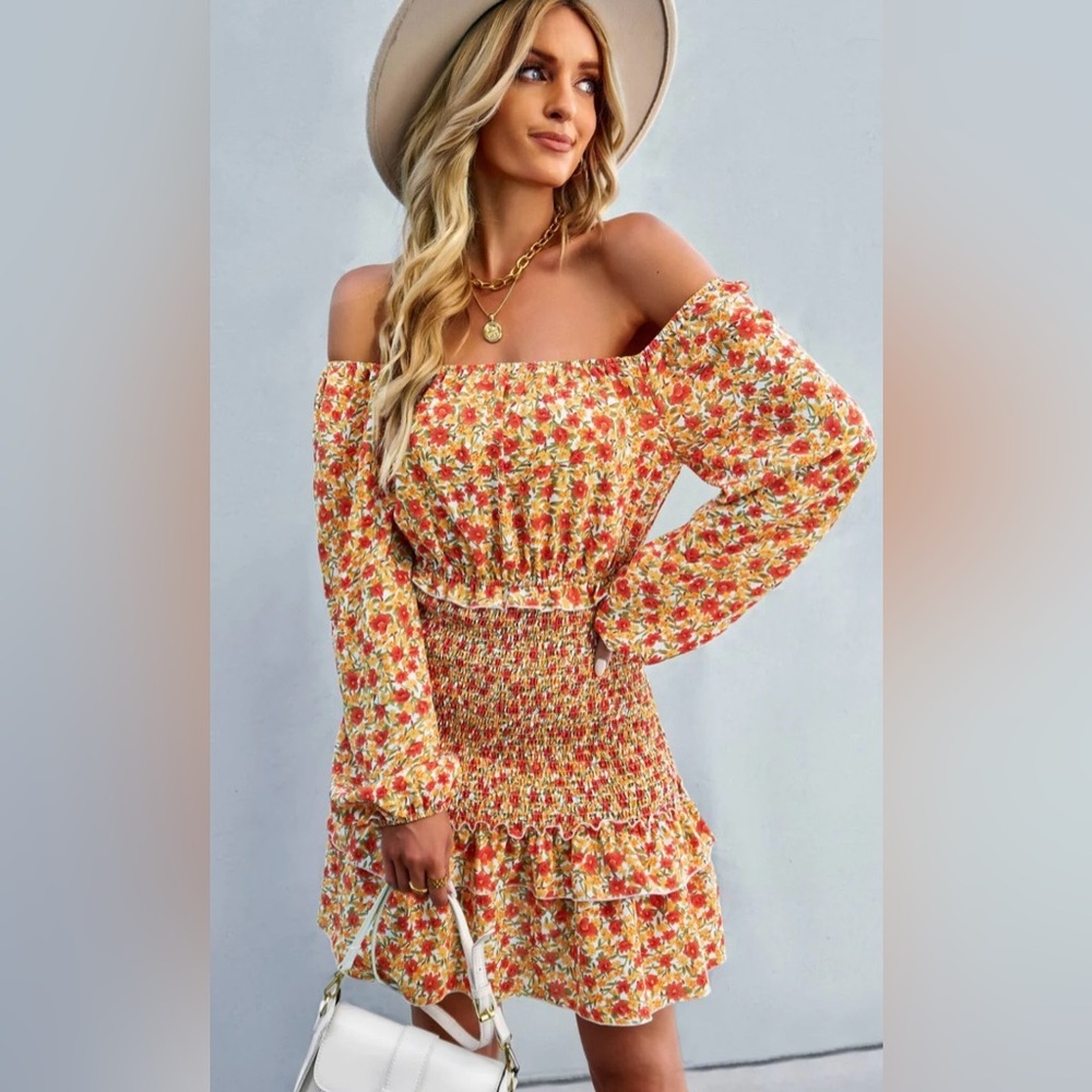 FLORAL SMOCKED OFF-SHOULDER RUFFLED MINI- DRESS BALLOON SLEEVES SHIRRED FITTED